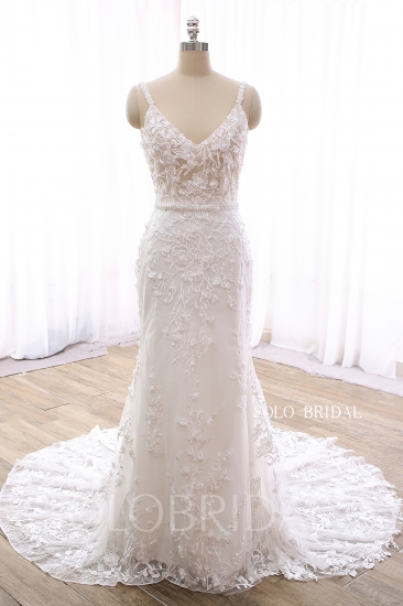 Ivory Fit and Flare V neck Cathedral Train V back Zipper Wedding Dress DPP_0031