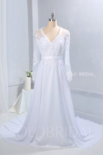 White Chiffon wedding dress satin ribbon bustline Long Sleeves 724A0502