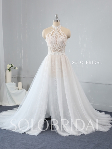 Sexy Seen Through Hater Wedding Dress Light A Line Lace Flowy Dress Split Opening 724A3406