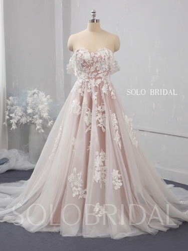 Blush A line off shoulder tulle wedding dress 724A1484