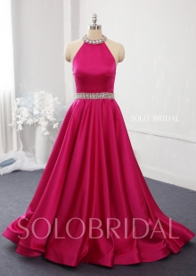 Colorful custom made halter A line satin long evening dresses 724A4828