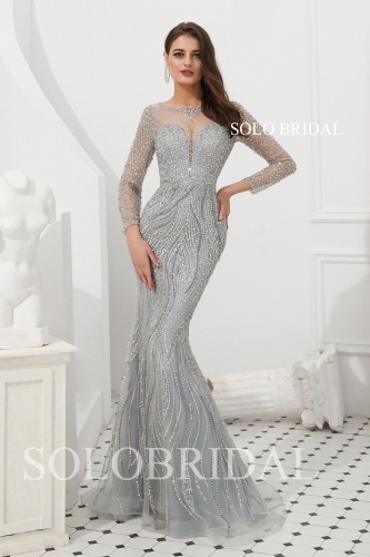 Grey fit and flare beaded proom dress L923091