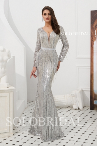 Silver sequin feather fit and flare proom dress L993101