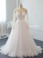 Light pink A line off shoulder long sleeves tulle wedding dress 724A2679