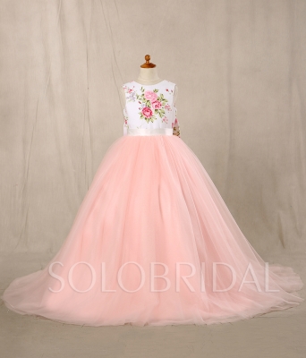 Pink Flowery Flower Girl Dress with Bow 724A6448s