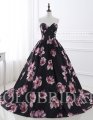 Sweetheart strapless lace up court train printed sakura satin wedding dress E264021