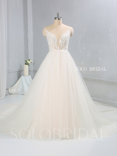 Light Champagne A Line Tulle Wedding Dress Cathedral Train 724A9961a