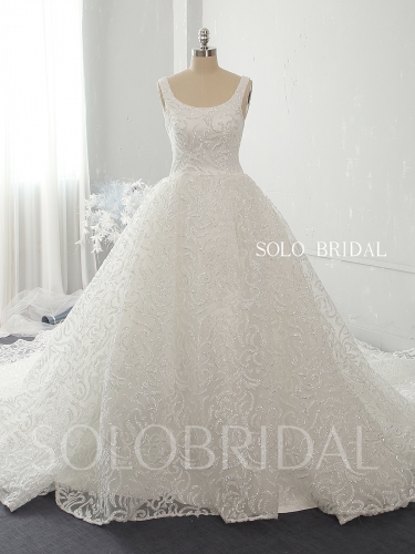 Ivory luxury Big A line shiny wedding gowns with long train