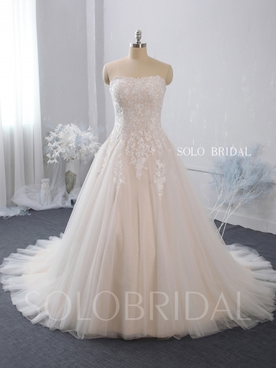 strapless A line blush wedding dress lace up back court train shiny skirt 724A7445