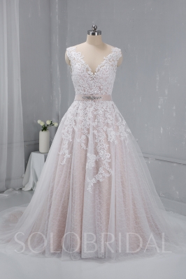 Blush color Bridal Gown Beaded Belt Corset Back 724A2113a