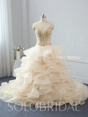 light champagne ruffle ball gown sweep train gold diamond bodice 724A3496