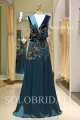 Teal satin embroidery a line proom dress K727281