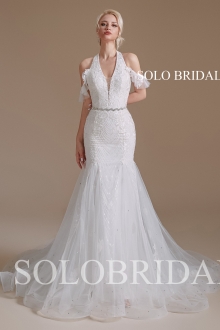 2110641 Ivory Halter Off Shoulder Fit and Flare Wedding Dress