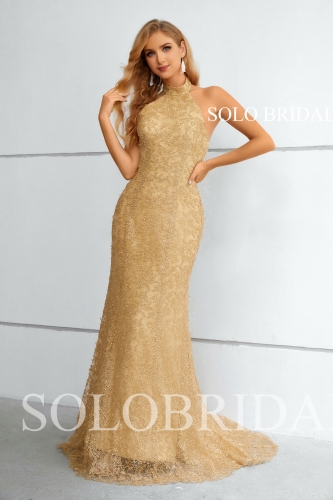 Gold Halter Fit and Flare Small Trail Evening Dress 3510891