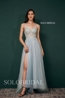 Light Green Slit Tulle A line Sexy Bridesmaid Dresses
