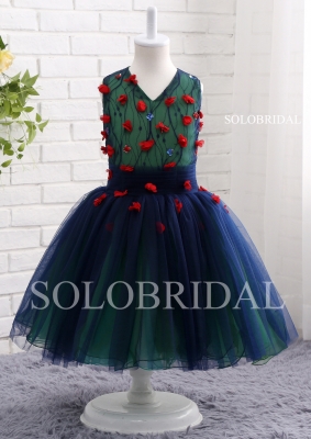 Green lining with blue tulle overlay decurated with red flowers girl dress A16811