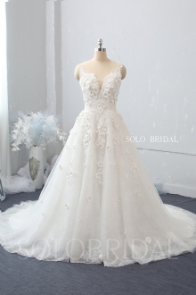 Ivory A line V neck side zipper chapel train 3D flowers wedding dress 724A8805