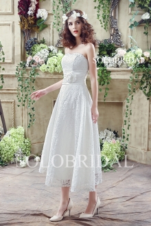 Ivory small A line cotton lace tea length lace up wedding gown C28268