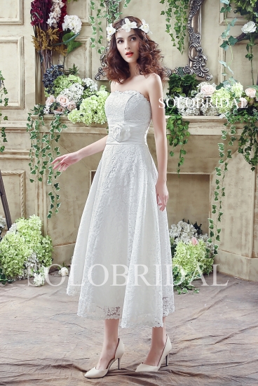 Ivory small A line cotton lace tea length lace up wedding gown C28268