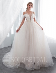 ivory off shoulder flowy tulle wedding dress I366631