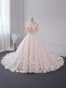 Blush pink a line 3D flower off shoulder wedding dress 724A0848
