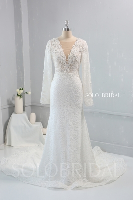 V neck Long Slvees Cathedral Train Lace Wedding Dress Heavy Pearls Beaded 724A2795