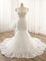 Ivory Deep V Neck Mermaid Catheral Train Buttons Wedding Dress DPP_0117