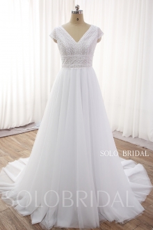 White A line Lace Tulle Wedding Dress with Chapel Train DPP_0035