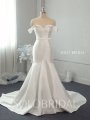 Ivory mikado fit and flare satin off shoulder wedding gowns with ruffle tulle overskirt 724A2999a