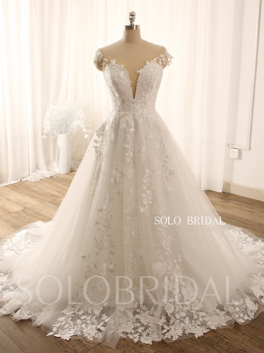 New design off shoulder A line plunge neck lace wedding dress 724A9145a