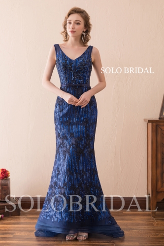shiny lace fitted evening dress F286151