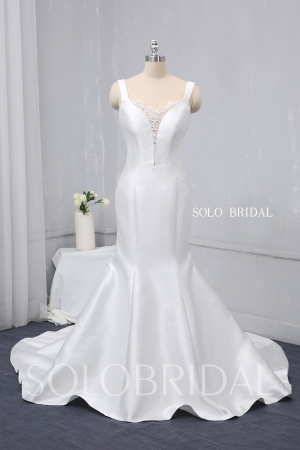 White bridal satin mermaid wedding dress beaded lace back 724A0046