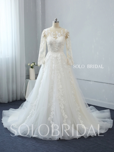 sweetheart a line long sleeves illusion bustline organza tulle wedding gown