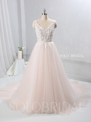 Blush Pink A Line Tulle Wedding dress V Neckline 724A9497a