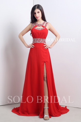 Red sheath bridesmaid dress split diamonds belt A18104