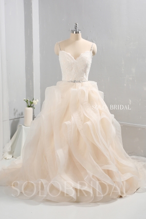 Champagne color tulle ruffle skirt wedding dress diamond belt 724A9535