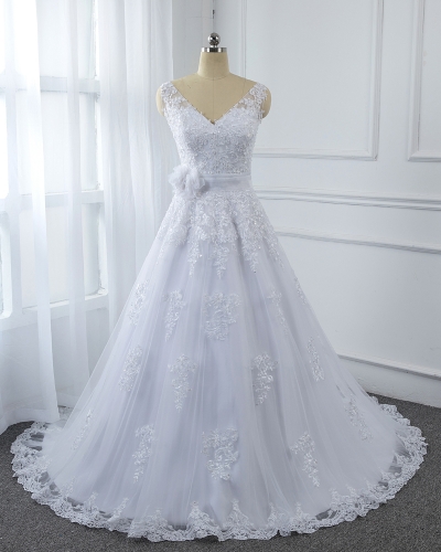 White Lace A Line with Tulle flower Belt Wedding dress sequined dresses 5U7A2603