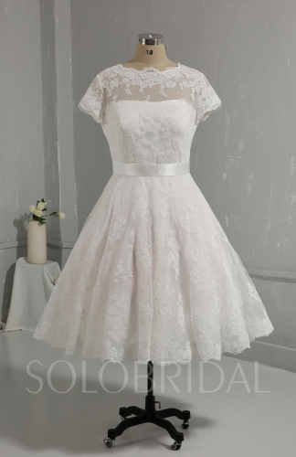 Classic Short Length Wedding Dress Whole Piece Lace Short Sleeves 724A0087