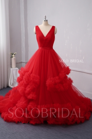 Red V Neck Ruffles Ball Gown Wedding Dress 724A9947